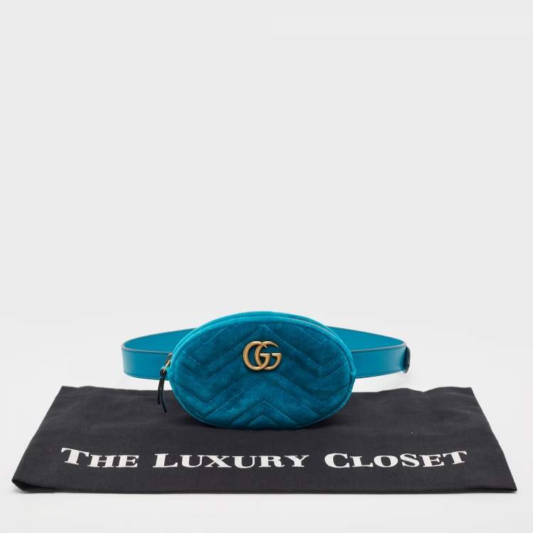 Pre Owned Gucci Teal Green Matelassé Velvet GG Marmont Belt Bag