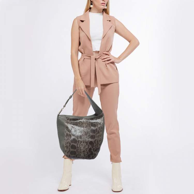 Pre Owned Gucci Grey Leather and Python Medium Greenwich Hobo