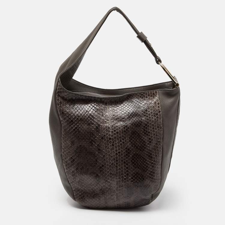 Pre Owned Gucci Grey Leather and Python Medium Greenwich Hobo