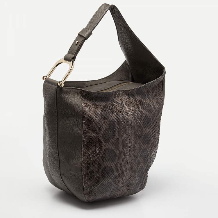 Pre Owned Gucci Grey Leather and Python Medium Greenwich Hobo