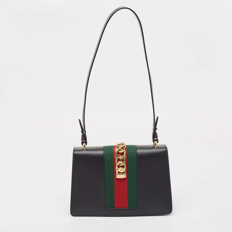 Pre Owned Gucci Black Leather Small Web Sylvie Shoulder Bag