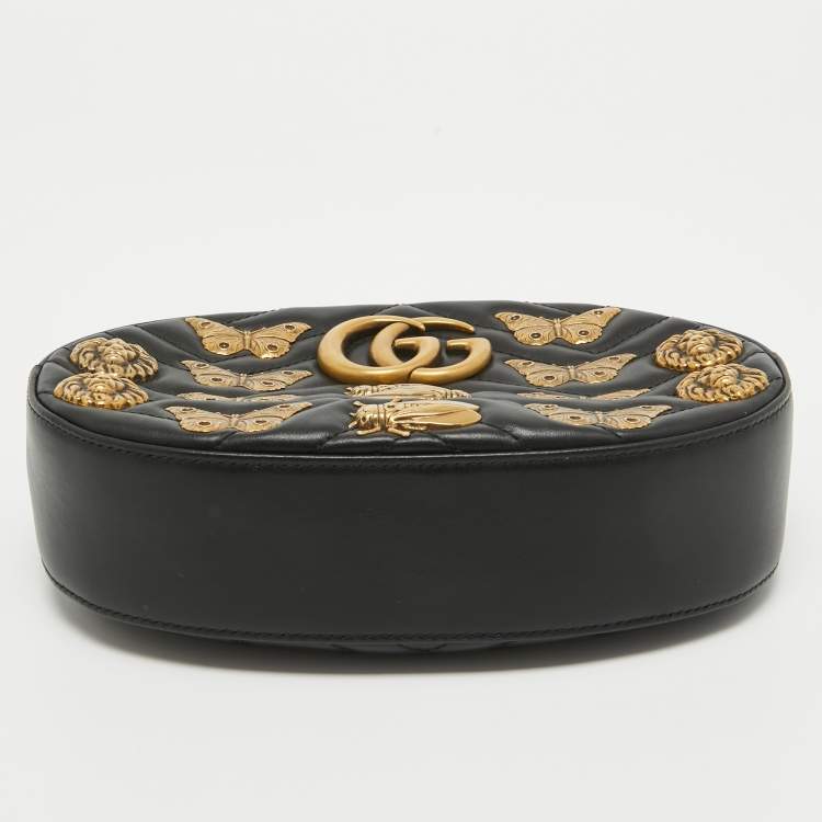 Pre Owned Gucci Black Matelassé Leather GG Marmont Animal Stud Belt Bag