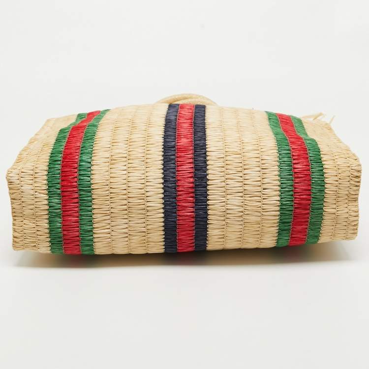 Pre Owned Gucci Natural/Multicolor Woven Straw Cestino Tote