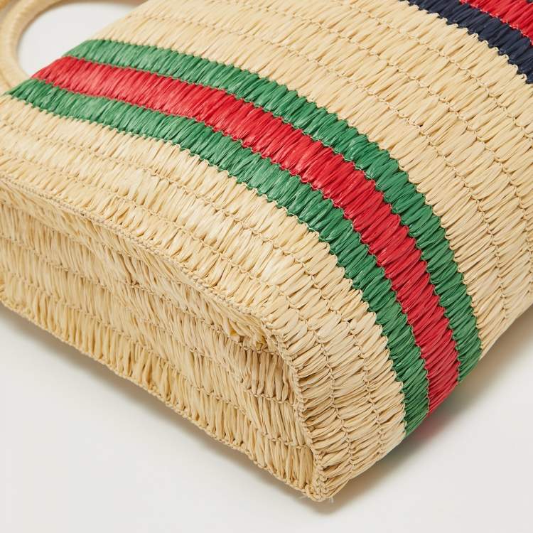 Pre Owned Gucci Natural/Multicolor Woven Straw Cestino Tote