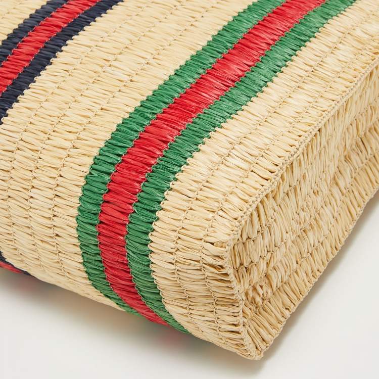 Pre Owned Gucci Natural/Multicolor Woven Straw Cestino Tote