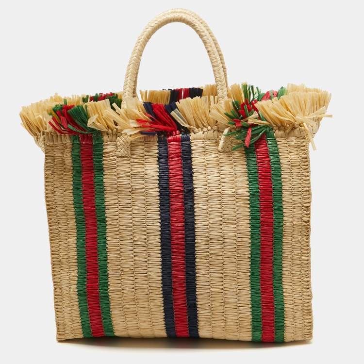 Pre Owned Gucci Natural/Multicolor Woven Straw Cestino Tote