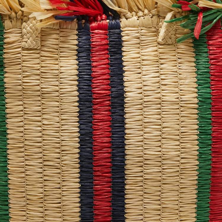 Pre Owned Gucci Natural/Multicolor Woven Straw Cestino Tote