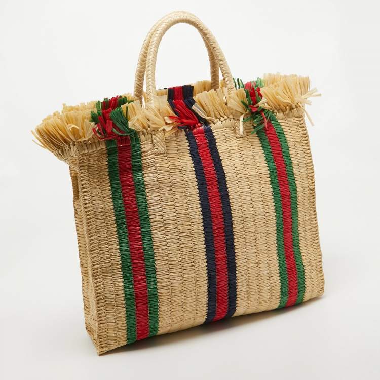 Pre Owned Gucci Natural/Multicolor Woven Straw Cestino Tote