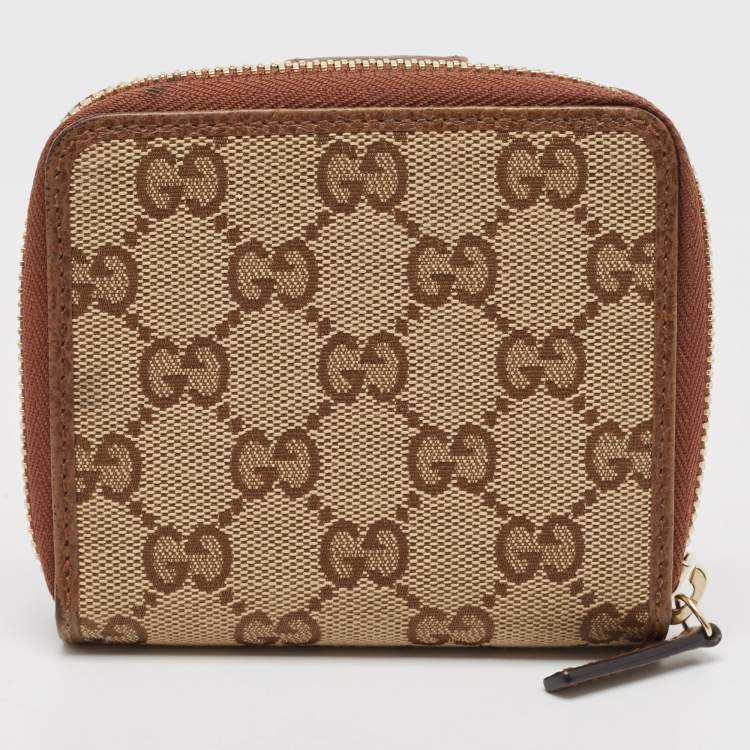 مملوكة مسبقًا Gucci Brown/Beige GG Canvas Leather Zip Around Compact Wallet