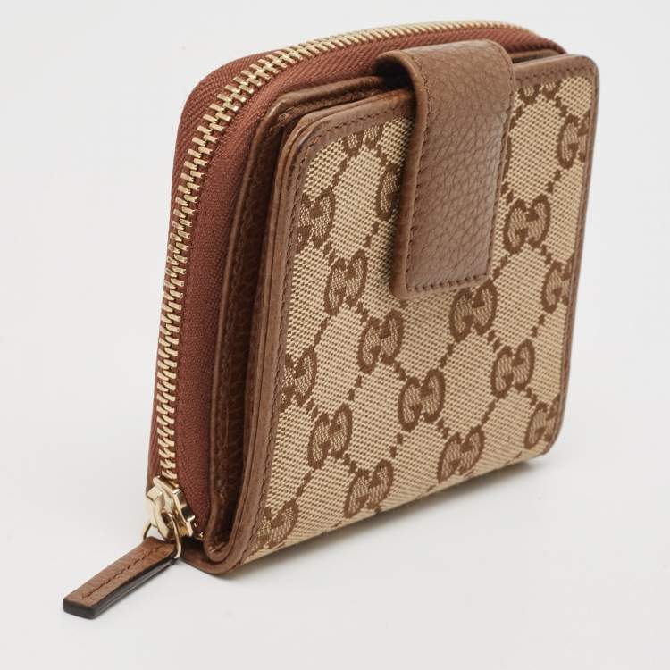 مملوكة مسبقًا Gucci Brown/Beige GG Canvas Leather Zip Around Compact Wallet