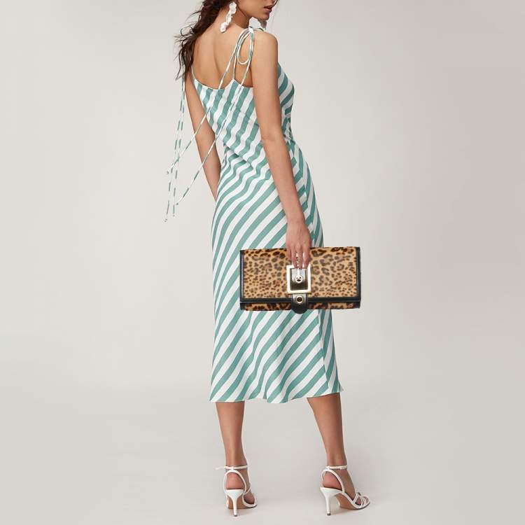 مملوكة مسبقًا Gucci Brown/Black Leopard Print Calfhair and Leather Lady Buckle Clutch