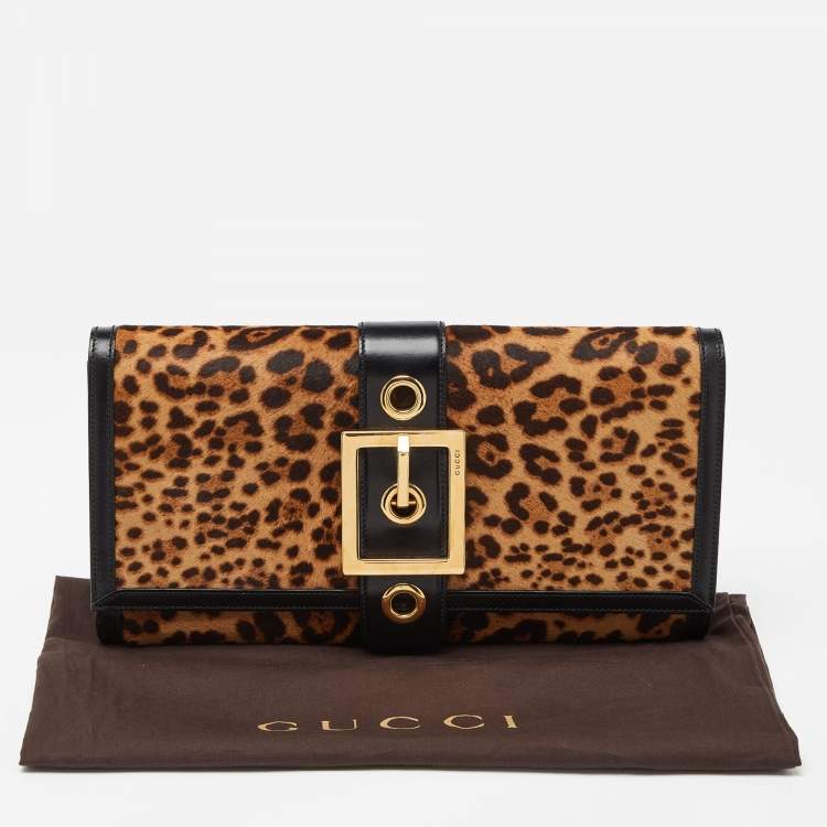 مملوكة مسبقًا Gucci Brown/Black Leopard Print Calfhair and Leather Lady Buckle Clutch