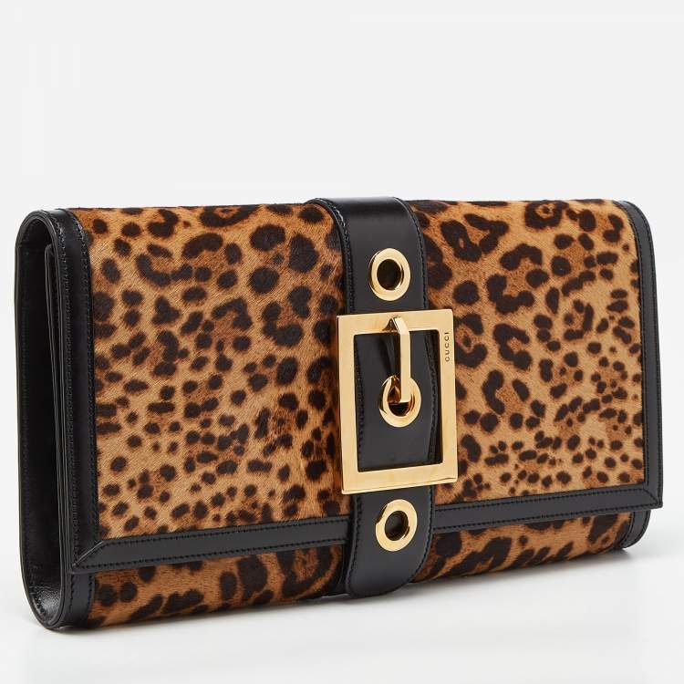 مملوكة مسبقًا Gucci Brown/Black Leopard Print Calfhair and Leather Lady Buckle Clutch