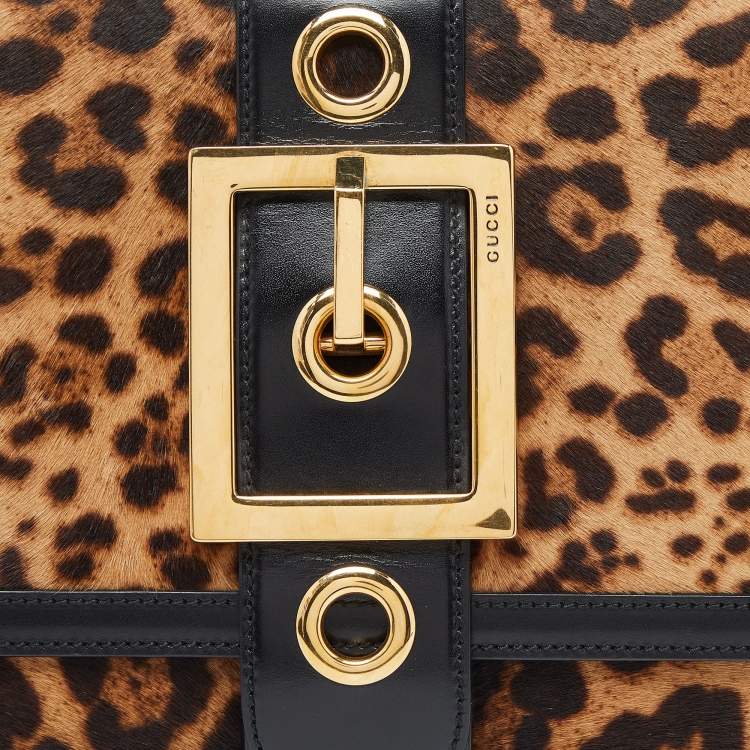 مملوكة مسبقًا Gucci Brown/Black Leopard Print Calfhair and Leather Lady Buckle Clutch