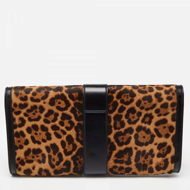 مملوكة مسبقًا Gucci Brown/Black Leopard Print Calfhair and Leather Lady Buckle Clutch