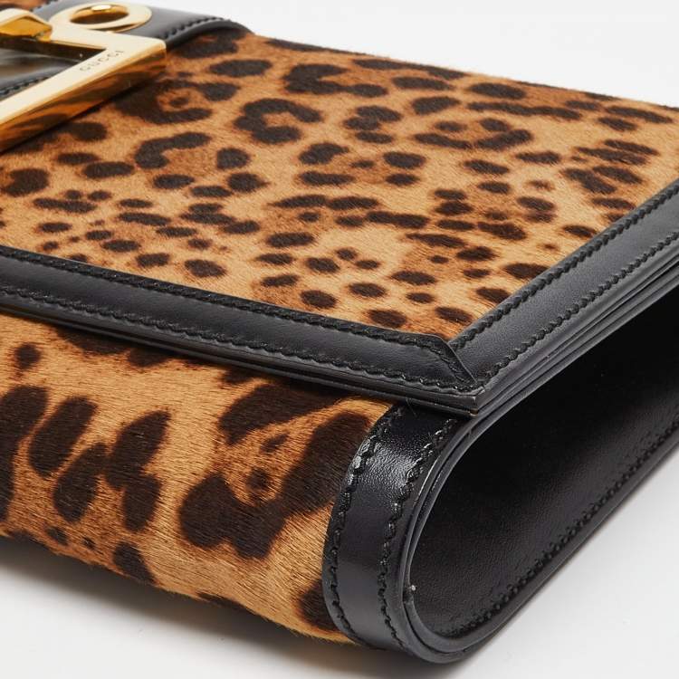مملوكة مسبقًا Gucci Brown/Black Leopard Print Calfhair and Leather Lady Buckle Clutch