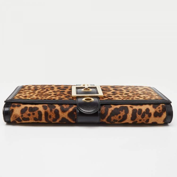مملوكة مسبقًا Gucci Brown/Black Leopard Print Calfhair and Leather Lady Buckle Clutch