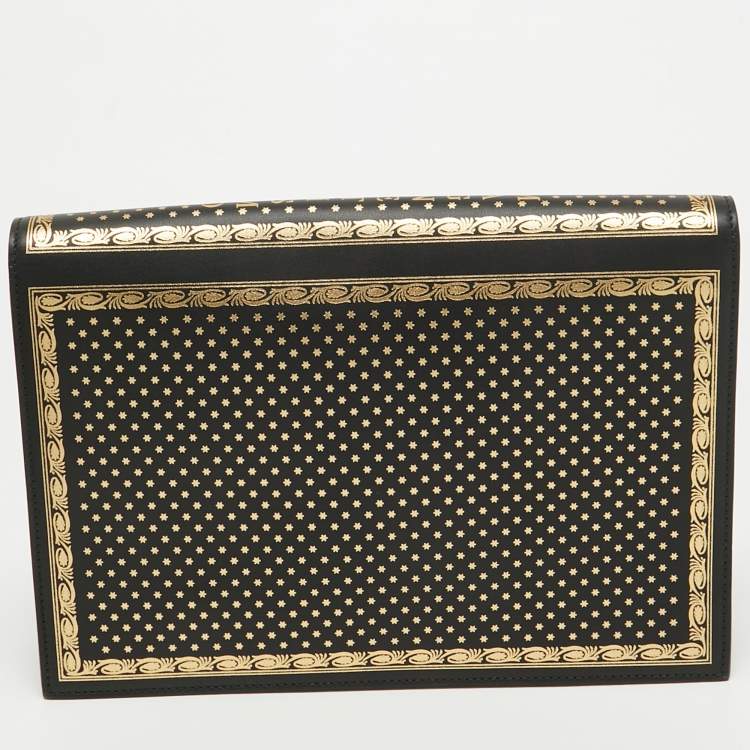 Pre Owned Gucci Black/Gold Leather Printed GUCCY Portfolio Clutch 