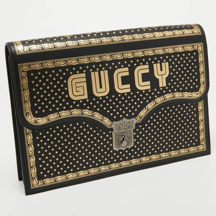Pre Owned Gucci Black/Gold Leather Printed GUCCY Portfolio Clutch 