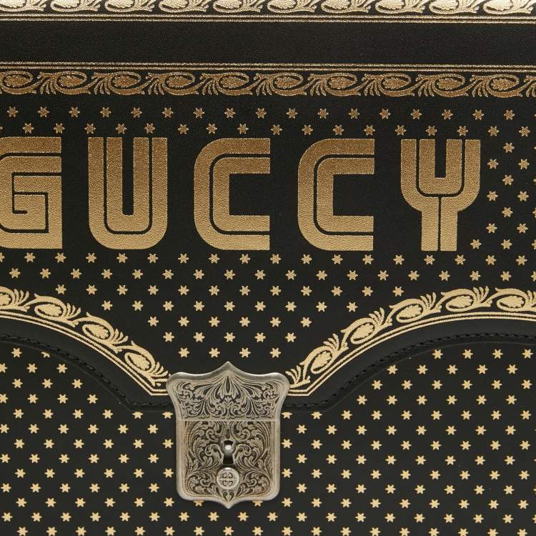Pre Owned Gucci Black/Gold Leather Printed GUCCY Portfolio Clutch 