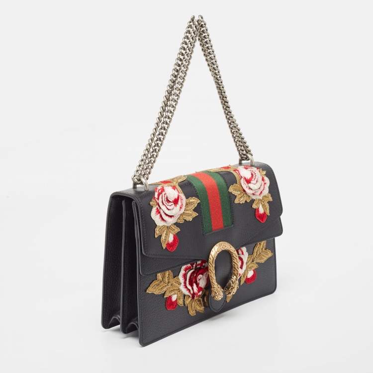 Pre Owned Gucci Black Leather Medium Embroidered Web Dionysus Shoulder Bag