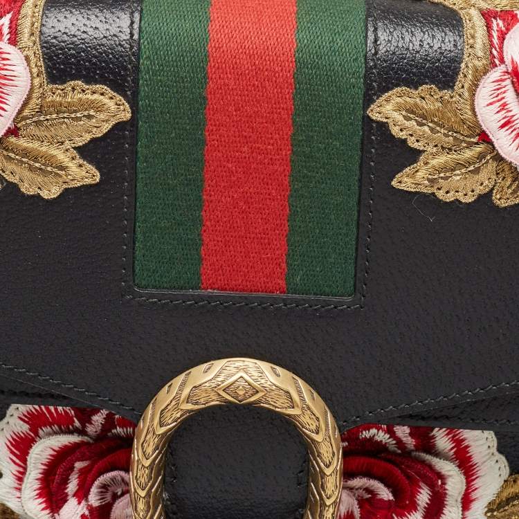 Pre Owned Gucci Black Leather Medium Embroidered Web Dionysus Shoulder Bag
