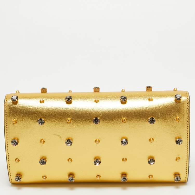 Pre Owned Gucci Gold Leather Embroidered Tiger Crystal Studded Chain Clutch