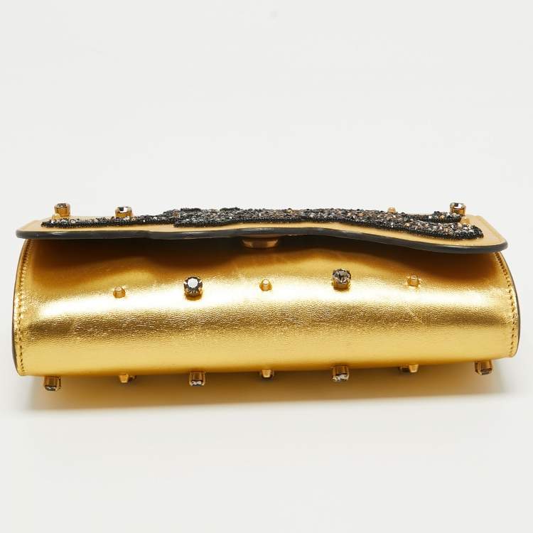 Pre Owned Gucci Gold Leather Embroidered Tiger Crystal Studded Chain Clutch