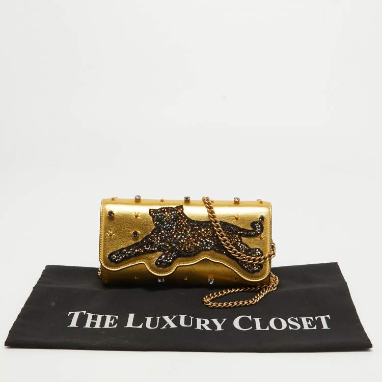 Pre Owned Gucci Gold Leather Embroidered Tiger Crystal Studded Chain Clutch