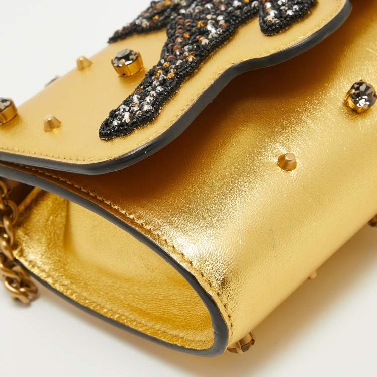 Pre Owned Gucci Gold Leather Embroidered Tiger Crystal Studded Chain Clutch