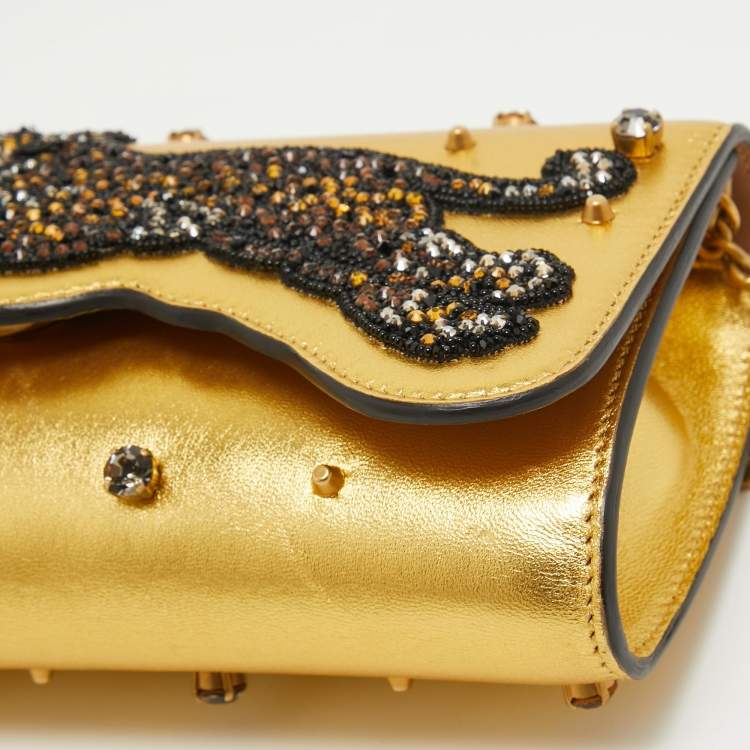 Pre Owned Gucci Gold Leather Embroidered Tiger Crystal Studded Chain Clutch