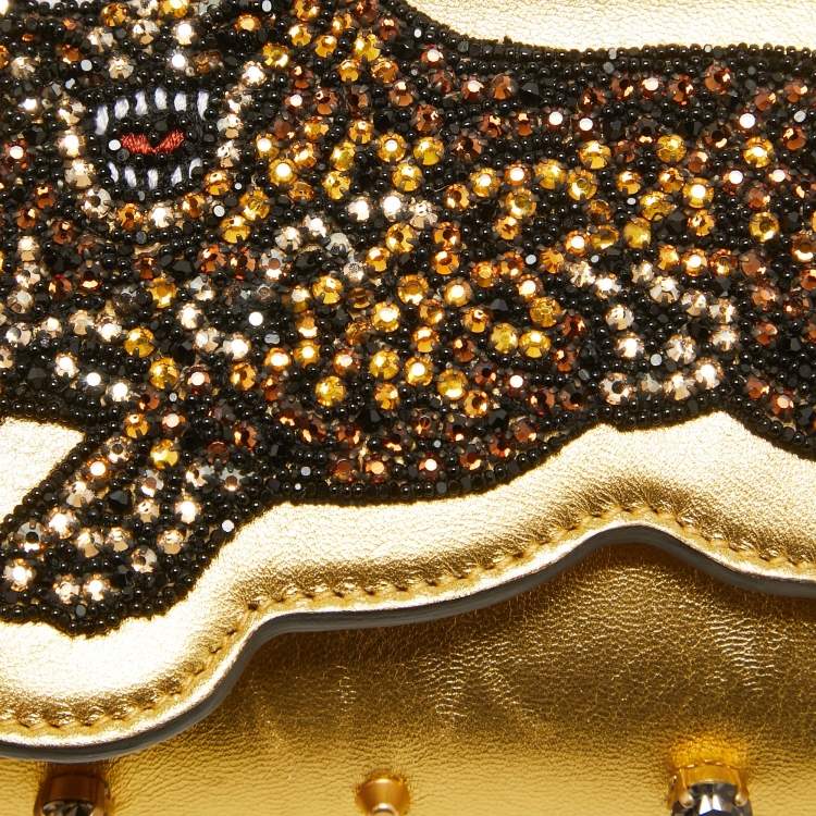 Pre Owned Gucci Gold Leather Embroidered Tiger Crystal Studded Chain Clutch