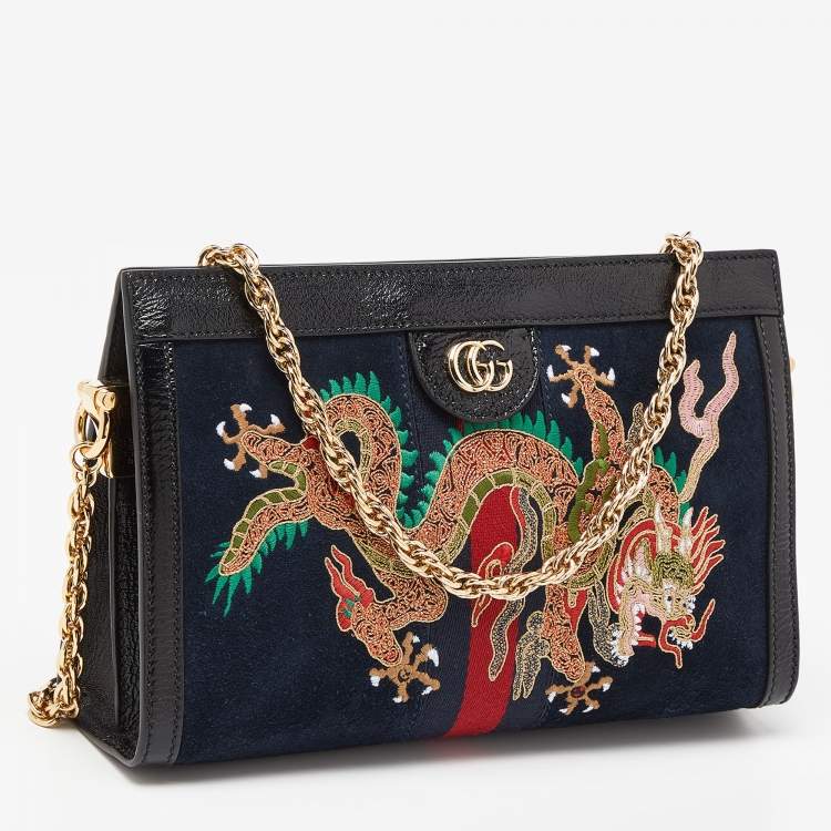 Pre Owned Gucci Blue/Black Suede andLeather Ophidia Chain Bag