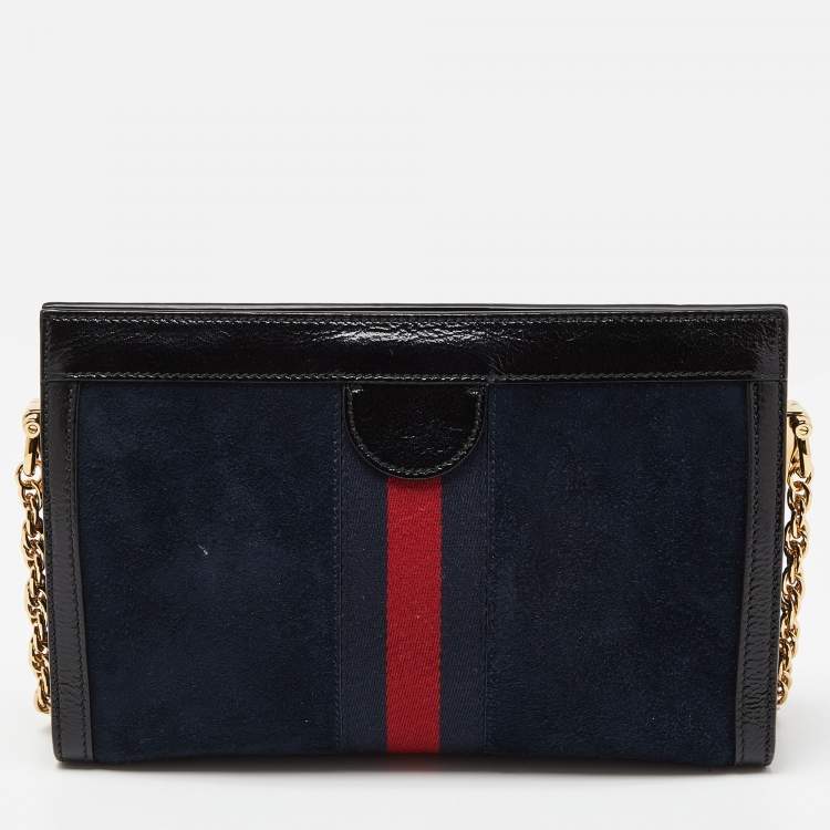 Pre Owned Gucci Blue/Black Suede andLeather Ophidia Chain Bag