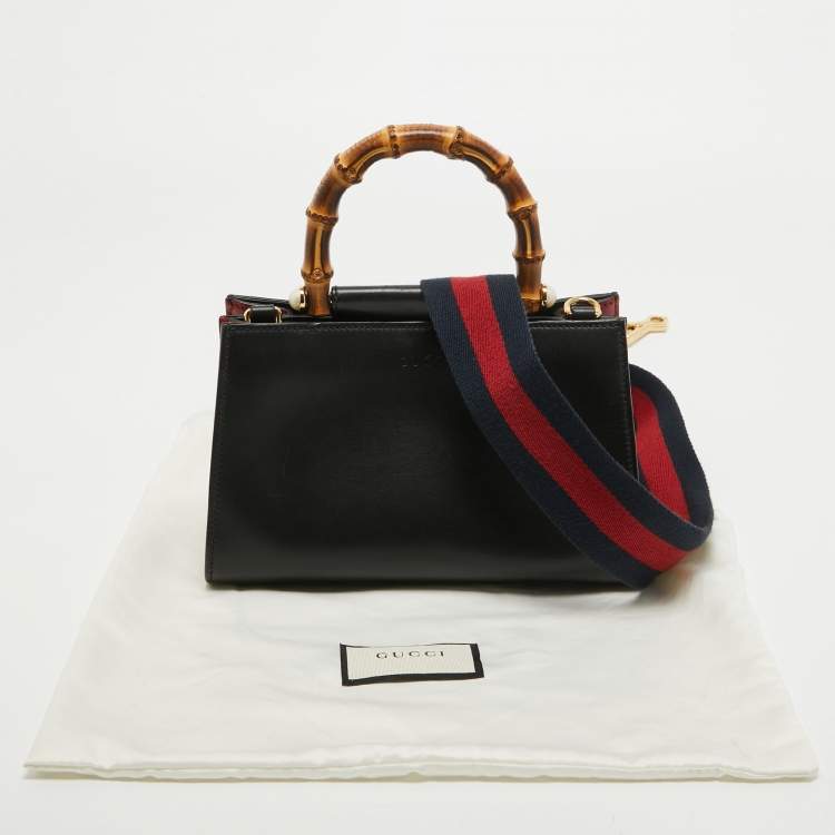 Pre Owned Gucci Black Smooth Leather Mini Nymphaea Bamboo Top Handle Bag