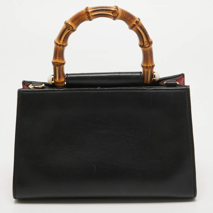 Pre Owned Gucci Black Smooth Leather Mini Nymphaea Bamboo Top Handle Bag