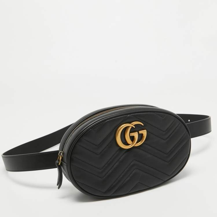 Pre Owned Gucci Black Matelassé Leather GG Marmont Belt Bag