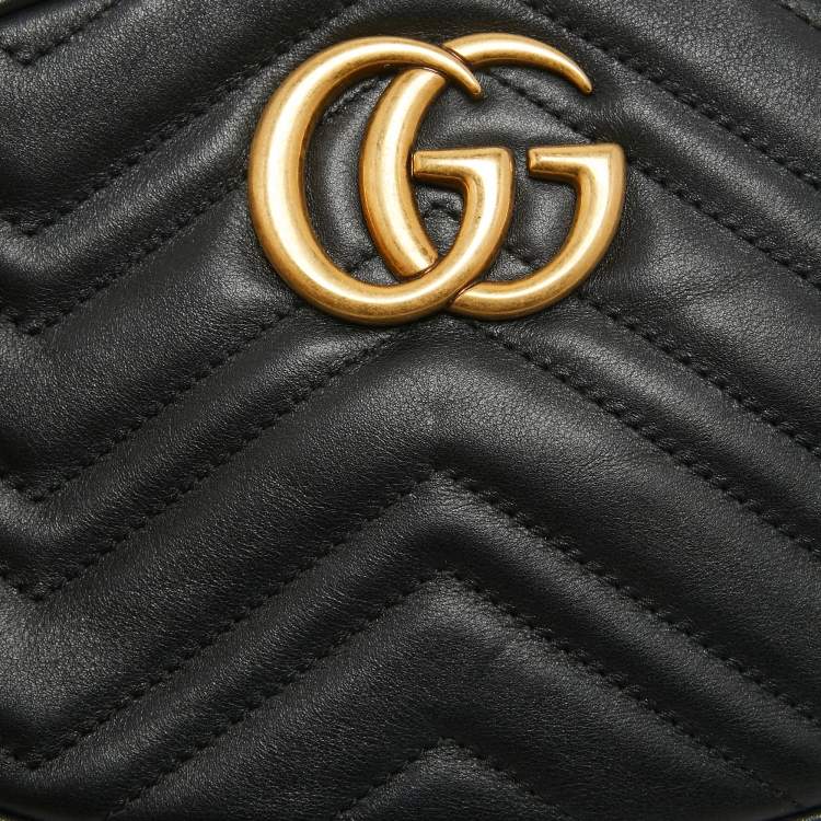 Pre Owned Gucci Black Matelassé Leather GG Marmont Belt Bag