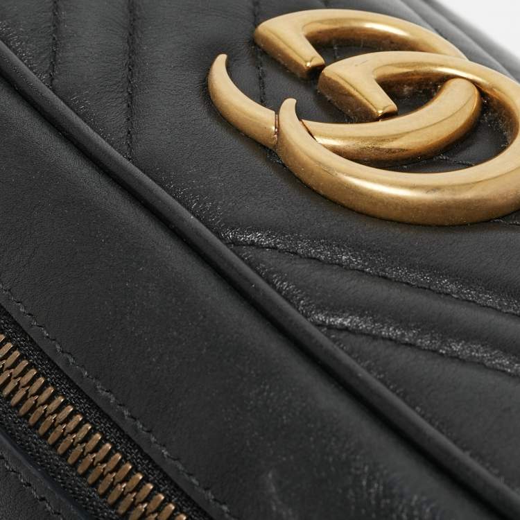 Pre Owned Gucci Black Matelassé Leather Small GG Marmont Shoulder Bag
