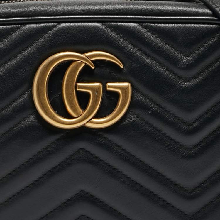 Pre Owned Gucci Black Matelassé Leather Small GG Marmont Shoulder Bag