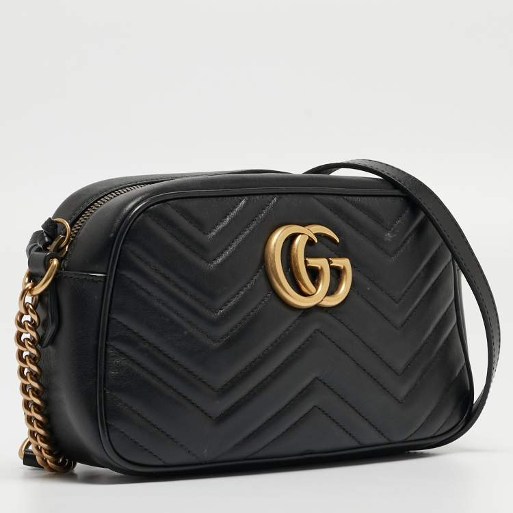 Pre Owned Gucci Black Matelassé Leather Small GG Marmont Shoulder Bag