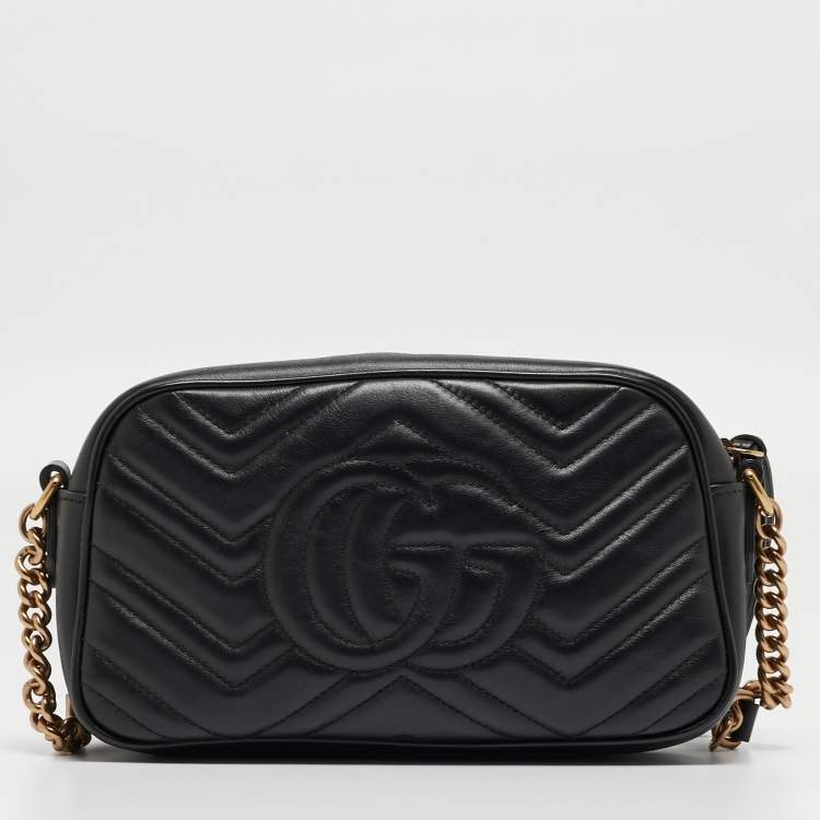 Pre Owned Gucci Black Matelassé Leather Small GG Marmont Shoulder Bag