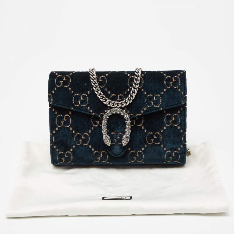 Pre Owned Gucci Teal GG Velvet and Leather Dionysus Wallet On Chain