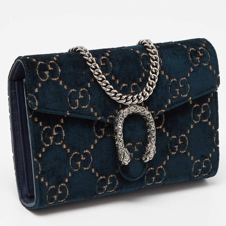 Pre Owned Gucci Teal GG Velvet and Leather Dionysus Wallet On Chain