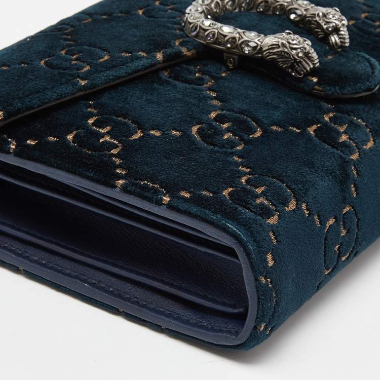 Pre Owned Gucci Teal GG Velvet and Leather Dionysus Wallet On Chain