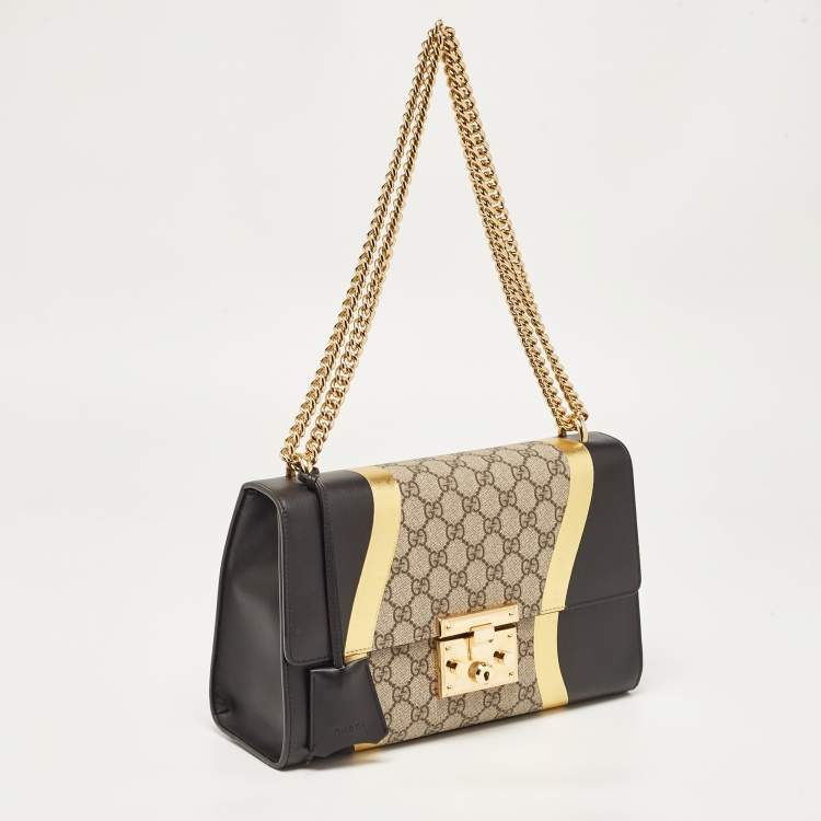 Pre Owned Gucci Tricolor GG Supreme Canvas and Leather Medium Padlock Shoulder Bag