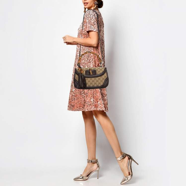 Pre Owned Gucci Beige/Brown GG Canvas and Leather Tassel New Bamboo Top Handle Bag