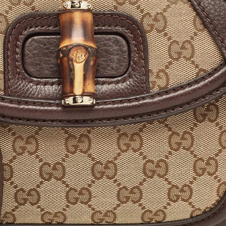 Pre Owned Gucci Beige/Brown GG Canvas and Leather Tassel New Bamboo Top Handle Bag