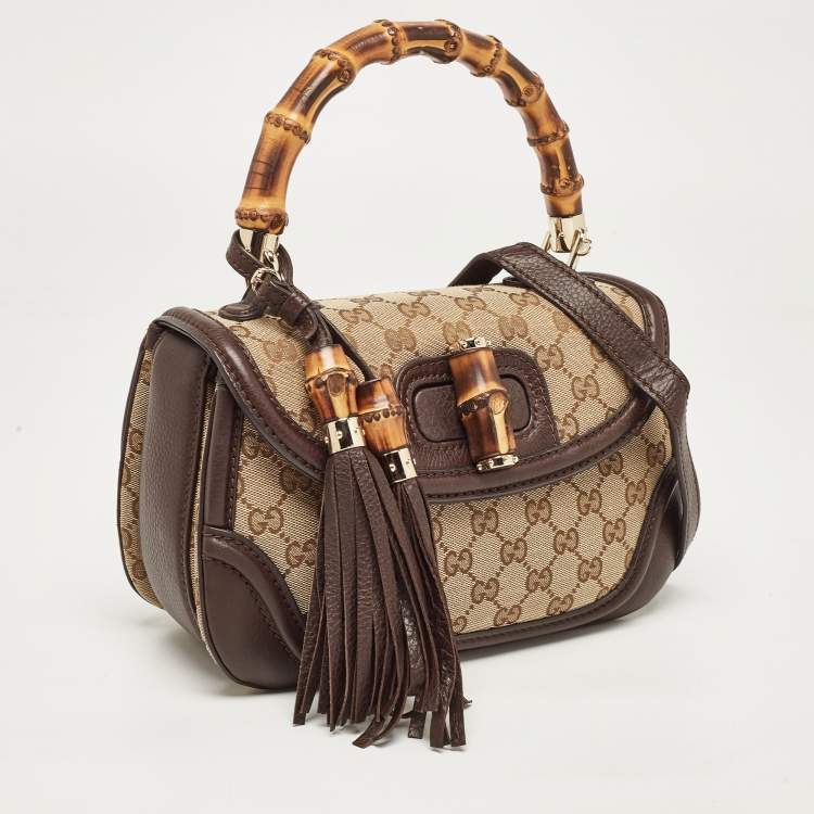 Pre Owned Gucci Beige/Brown GG Canvas and Leather Tassel New Bamboo Top Handle Bag