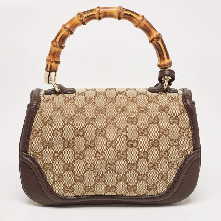 Pre Owned Gucci Beige/Brown GG Canvas and Leather Tassel New Bamboo Top Handle Bag